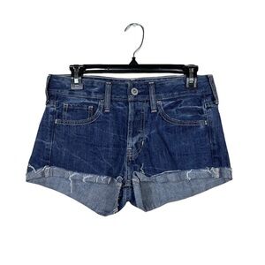 Hollister Blue Denim Button Fly Cotton Raw Hem Cuffed Jean Shorts Size 1   25W